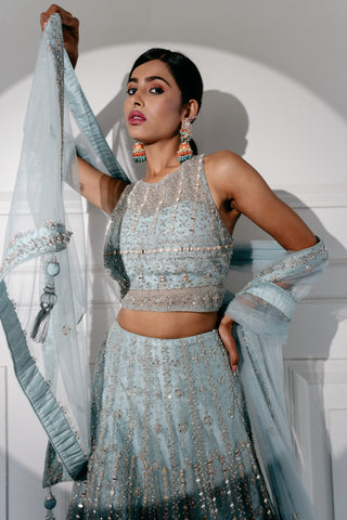 Light Sky Blue Lehenga In Net Embellished With Mirror And Stone Work
