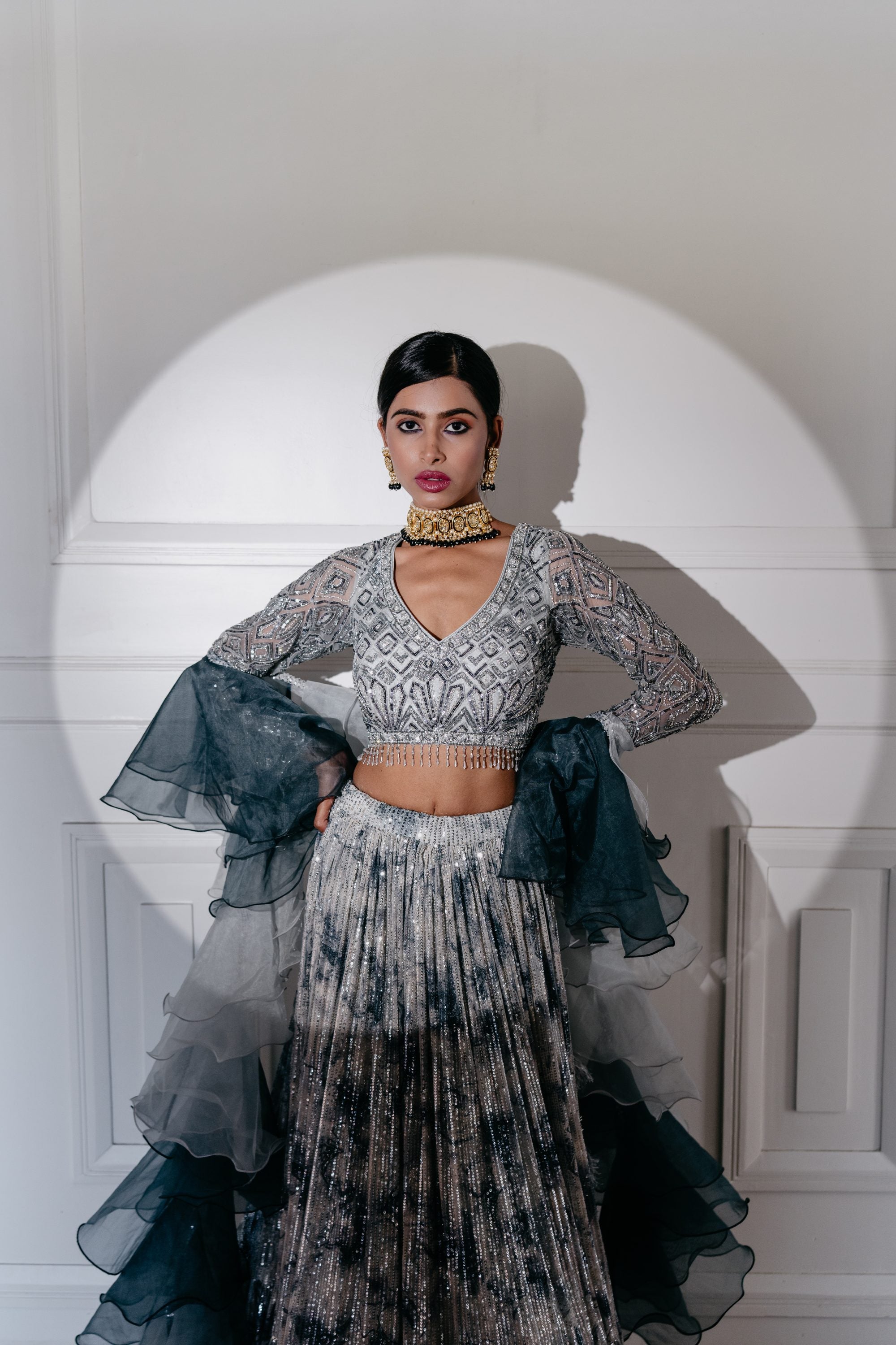 Buy Women Grey Floral Boota Embroidered Lehenga Set With Contrast Blouse  And Dupatta - Ready To Wear Lehengas - Indya