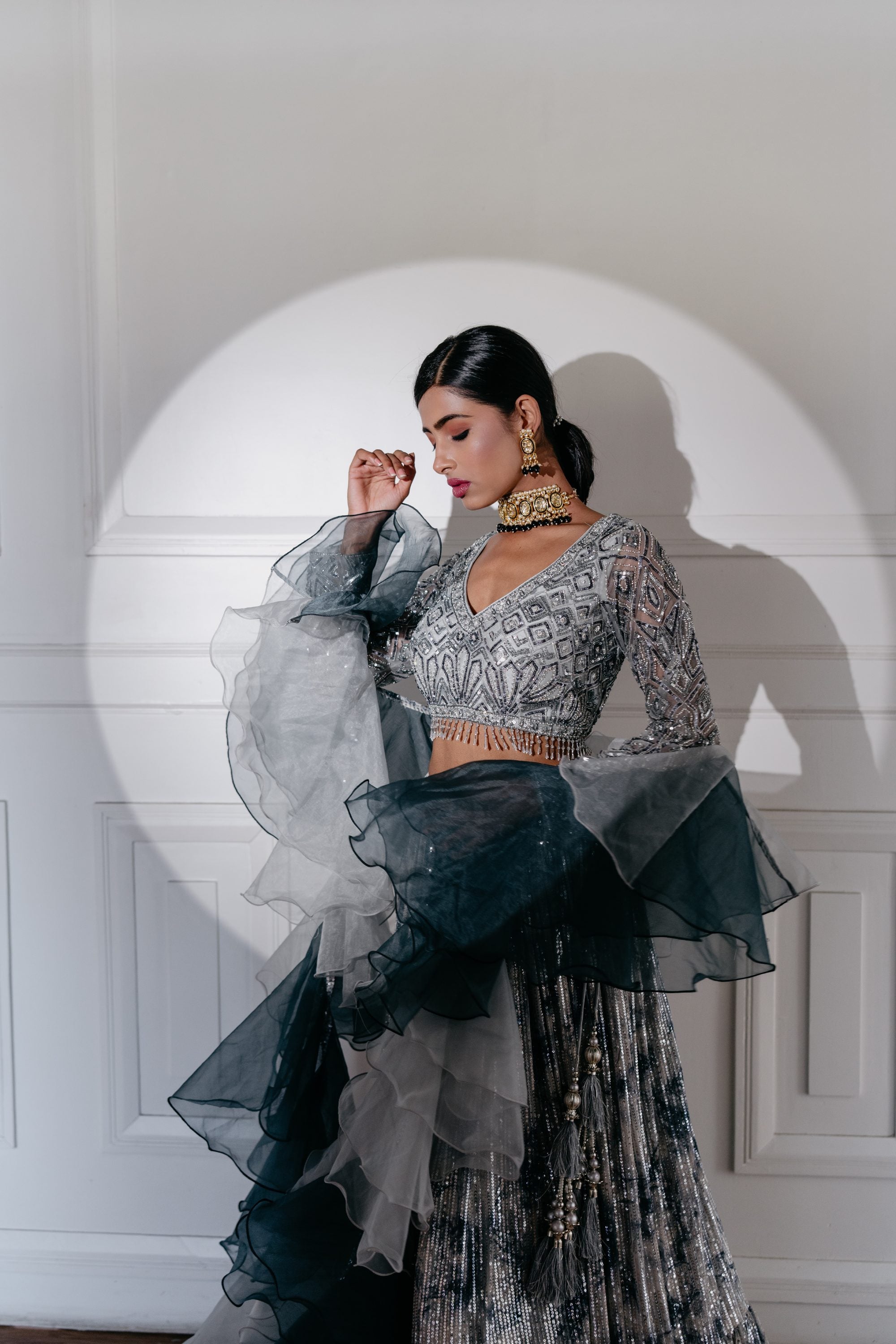 Lava Grey And White Coloured Lehenga In Sequins And Cut Dana Work With –  Kala Emporium